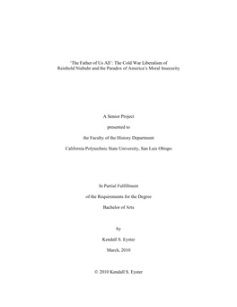 The Cold War Liberalism of Reinhold Niebuhr and the Paradox of America’S Moral Insecurity