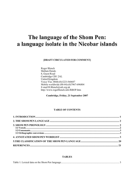 The Language of the Shom Pen: a Language Isolate in the Nicobar Islands