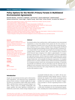 Policy Options for the World's Primary Forests in Multilateral