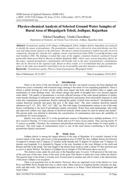 Physico-Chemical Analysis of Selected Ground Water Samples of Rural Area of Bhopalgarh Tehsil, Jodhpur, Rajasthan