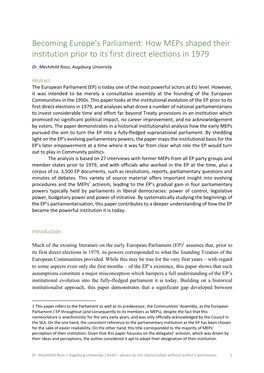 Becoming Europe's Parliament: How Meps Shaped Their Institution Prior to Its First Direct Elections in 1979