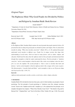 Original Paper the Righteous Mind: Why Good People Are Divided By