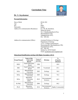 Curriculum Vitae Dr. S. Jayakumar