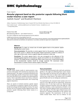 Annular Pigment Band on the Posterior Capsule Following Blunt Ocular Trauma: a Case Report Aashish Anand* and Rosalind J Harrison