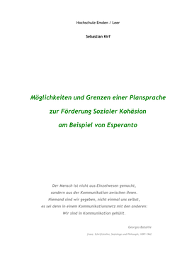 Möglichkeiten Und Grenzen Einer Plansprache Zur Förderung Sozialer Kohäsion Am Beispiel Von Esperanto Inhaltsverzeichnis