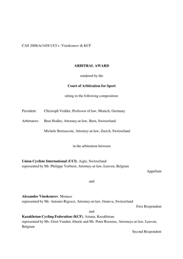 CAS 2008/A/1458 UCI V. Vinokourov & KCF ARBITRAL AWARD Rendered by the Court of Arbitration for Sport Sitting in the Followi