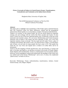 Trieste, Crossroads of Cultures in Central Eastern Europe: Transformations, Contradictions and Continuities at the Italian Eastern Border