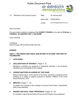 (Public Pack)Agenda Document for County Council, 26/01/2021 10:00