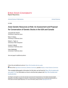 Avian Genetic Resources at Risk: an Assessment and Proposal for Conservation of Genetic Stocks in the USA and Canada