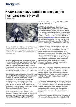 NASA Sees Heavy Rainfall in Iselle As the Hurricane Nears Hawaii 7 August 2014