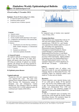 Zimbabwe Weekly Epidemiological Bulletin Number 183 Epidemiological Week