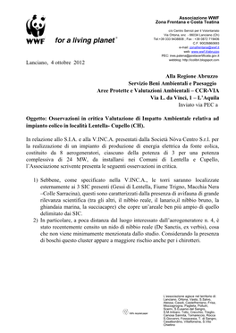 Lanciano, 4 Ottobre 2012 Alla Regione Abruzzo Servizio Beni