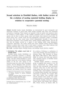 Sexual Selection in Estrildid Finches, with Further Review of the Evolution of Nesting Material Holding Display in Relation to Cooperative Parental Nesting