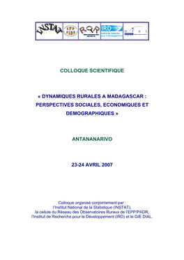 Dynamiques Rurales a Madagascar : Perspectives Sociales, Economiques Et Demographiques »