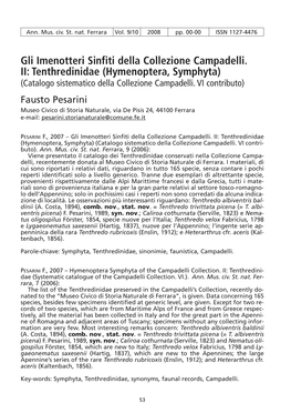 Tenthredinidae (Hymenoptera, Symphyta) (Catalogo Sistematico Della Collezione Campadelli