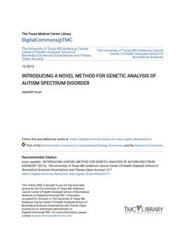 INTRODUCING a NOVEL METHOD for GENETIC ANALYSIS of AUTISM SPECTRUM DISORDER Sepideh Nouri