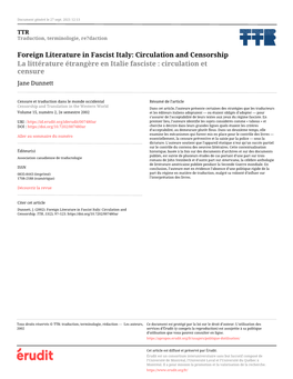 Foreign Literature in Fascist Italy: Circulation and Censorship La Littérature Étrangère En Italie Fasciste : Circulation Et Censure Jane Dunnett