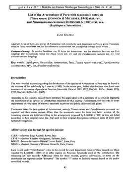 List of the Arsenurinae of Peru with Taxonomic Notes on Titaea Raveni (J O H Nso N & M Ic H E N E R , 1948) Stat