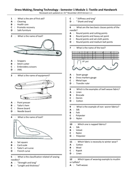 Dress Making /Sewing Technology - Semester 1 Module 1: Textile and Handwork Reviewed and Updated On: 01St November 2019 Version 1.1