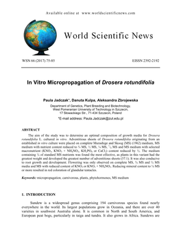 In Vitro Micropropagation of Drosera Rotundifolia