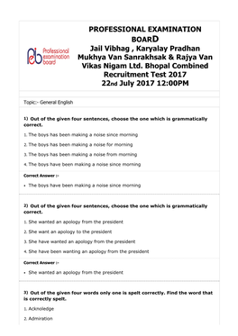 PROFESSIONAL EXAMINATION BOARD Jail Vibhag , Karyalay Pradhan Mukhya Van Sanrakhsak & Rajya Van Vikas Nigam Ltd