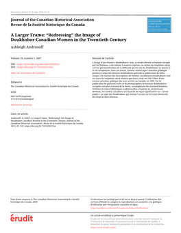 A Larger Frame: “Redressing” the Image of Doukhobor-Canadian Women in the Twentieth Century Ashleigh Androsoff
