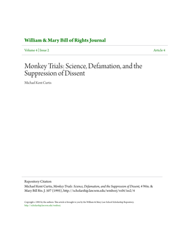 Monkey Trials: Science, Defamation, and the Suppression of Dissent Michael Kent Curtis