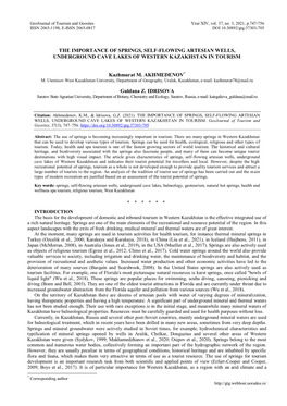 THE IMPORTANCE of SPRINGS, SELF-FLOWING ARTESIAN WELLS, UNDERGROUND CAVE LAKES of WESTERN KAZAKHSTAN in TOURISM Kazhmurat M. AK