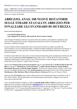 100 Nuove Rotatorie Sulle Strade Statali in Abruzzo Per Innalzare Gli Standard Di Sicurezza