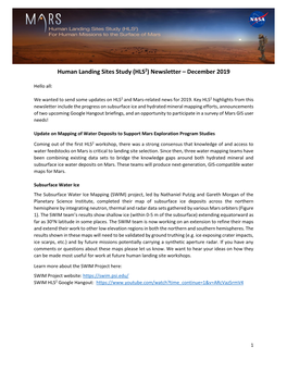 Human Landing Sites Study (HLS2) Newsletter – December 2019