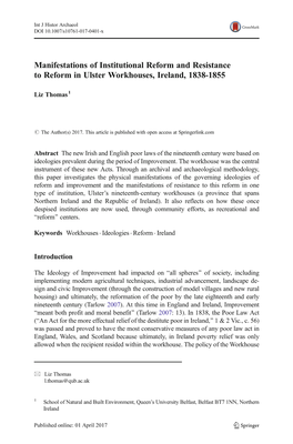 Manifestations of Institutional Reform and Resistance to Reform in Ulster Workhouses, Ireland, 1838-1855