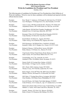 Write-In Candidates for President and Vice President October, 2012
