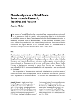 Bharatanatyam As a Global Dance: Some Issues in Research, Teaching, and Practice