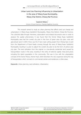 Urban Land Use Planning Influencing to Urbanization in the Area of Wiang Nuea Municipality, Wiang Chai District, Chiang Rai Province
