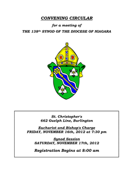 CONVENING CIRCULAR for a Meeting of the 138Th SYNOD of the DIOCESE of NIAGARA