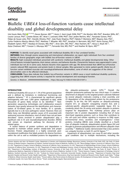 UBE4A Loss-Of-Function Variants Cause Intellectual Disability and Global Developmental Delay ✉ Uirá Souto Melo, Phd 1,15,16 , Devon Bonner, MD2,16, Kevin C