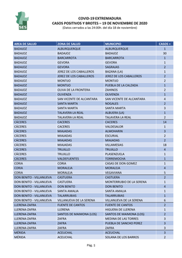 COVID-19 EXTREMADURA CASOS POSITIVOS Y BROTES – 19 DE NOVIEMBRE DE 2020 (Datos Cerrados a Las 24:00H