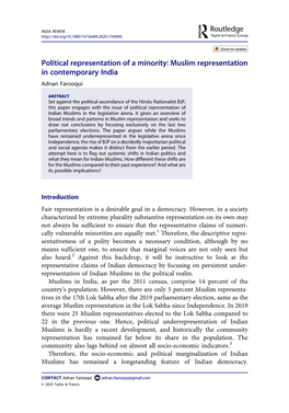 Political Representation of a Minority: Muslim Representation in Contemporary India Adnan Farooqui