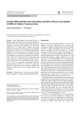 Genetic Differentiation and Antioxidant Activities of Bouea Macrophylla Griffith in Nakhon Nayok Province