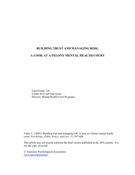 Building Trust and Managing Risk: a Look at a Felony Mental Health Court