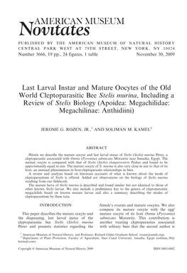 Last Larval Instar and Mature Oocytes of the Old World Cleptoparasitic Bee Stelis Murina, Including a Review of Stelis Biology