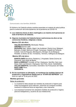 Comunicado a Las Familias 28/09/20: El Gobierno De Cataluña Adopta