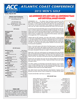 ACC Announces 2013 Men's Golf All-Conference Teams And