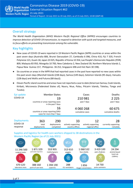 Coronavirus Disease 2019 (COVID-19) External Situation Report #62 21 July 2021 Period of Report: 14 July 2021 to 20 July 2021, As of 21 July 2021, 10:00 (GMT+8)