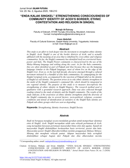 Enda Kalak Singkel” Strengthening Consciousness of Community Identity of Aceh’S Border; Ethnic Contestation and Religion in Singkil