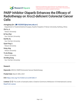 PARP Inhibitor Olaparib Enhances the E Cacy of Radiotherapy on Xrcc2