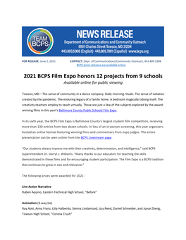2021 BCPS Film Expo Honors 12 Projects from 9 Schools Available Online for Public Viewing
