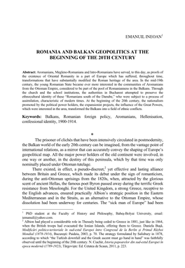 Romania and Balkan Geopolitics at the Beginning of the 20Th Century