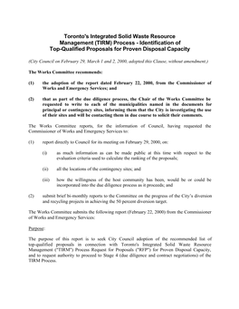 Toronto's Integrated Solid Waste Resource Management (TIRM) Process - Identification of Top-Qualified Proposals for Proven Disposal Capacity