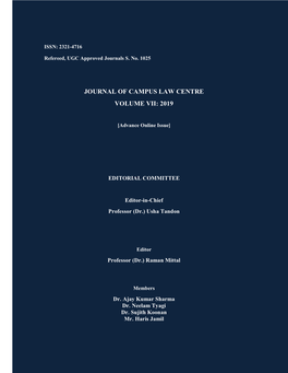 Journal of Campus Law Centre Volume Vii: 2019